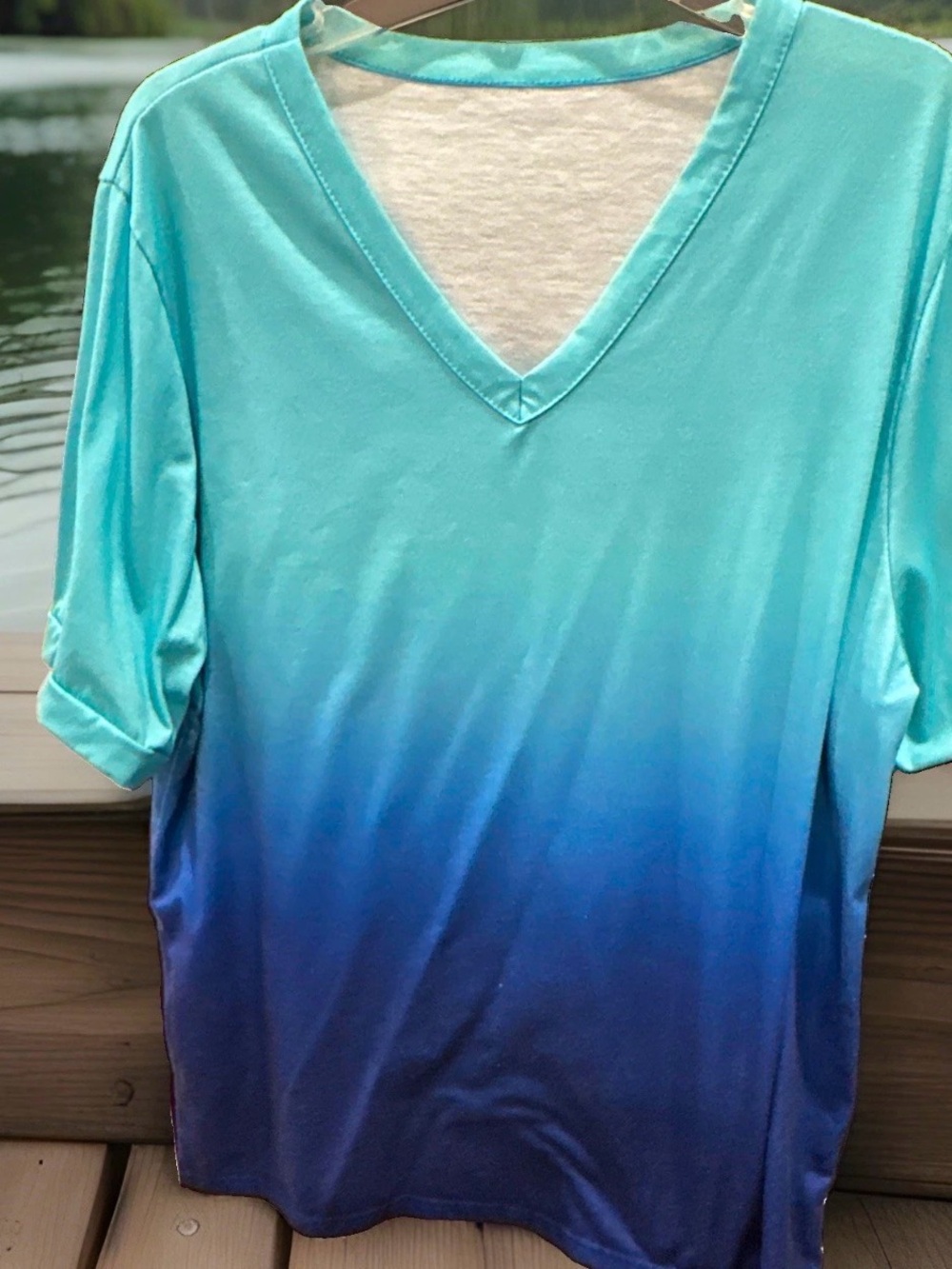 Women’s V-Neck Ombre Tee in Aqua and Blue